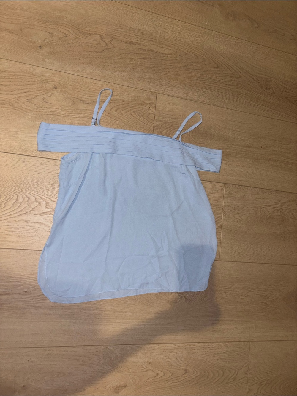 Aqua Pale Blue Off-Shoulder Spaghetti Strap Pleated Top
